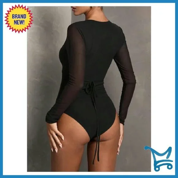 Deep V Neck Long Sleeve Bodysuit - Stretchy Party Top - Size XS-XXXXL - Picture 3 of 8